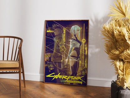 Cyberpunk Couple Poster, Futuristic City Night Wall Art, Neon Sci Fi Print