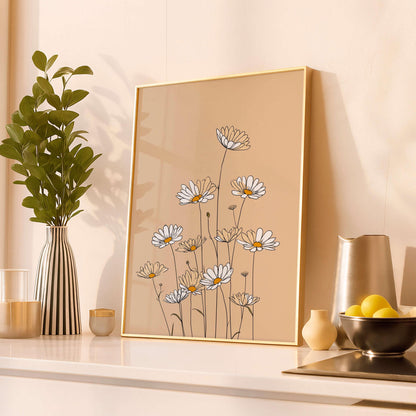 Minimal Daisy Line Illustration, Soft Neutral Floral Artwork,  Decor For Light Spaces