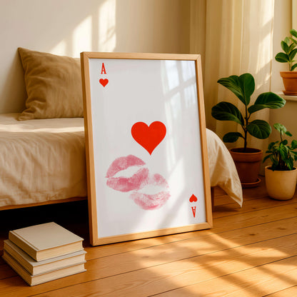 Ace Of Hearts Print Kiss, Romantic Lips Wall Art, Minimal Love Poster