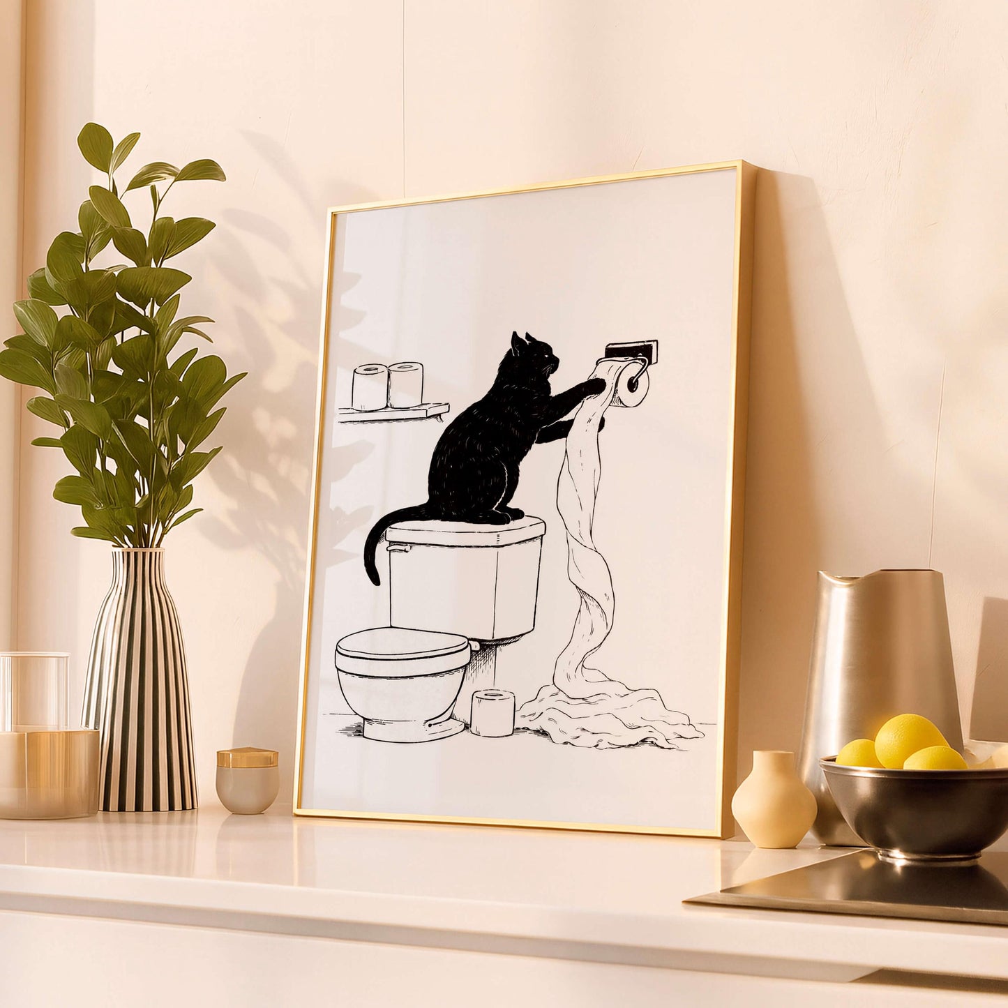 Funny Cat Bathroom Illustration Minimal Toilet Wall Art