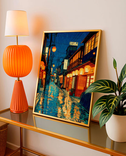Rainy Kyoto Alley Print, Japanese Lantern Street Art