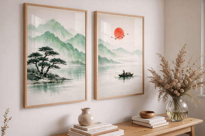 Japanese Zen Landscape Art Prints, Sumi Ink, Misty Mountains