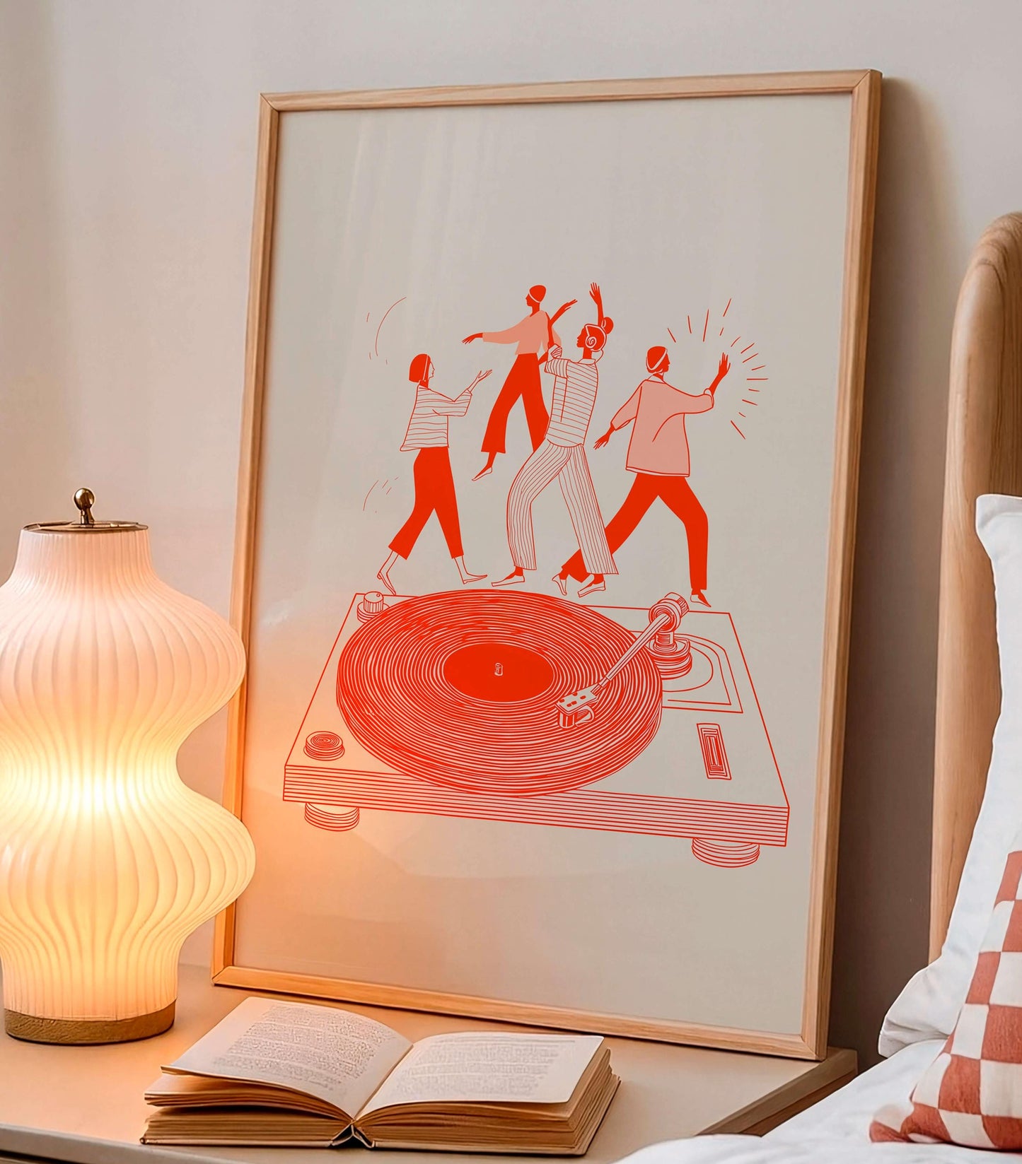 Modern Music Illustration Print, Dancing Figures On Turntable, Vinyl Culture Artwork