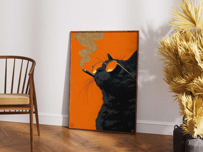 Black Cat Smoking a Cigarette Vintage Poster Art Retro Whimsical Print Funny Animal Wall Decor