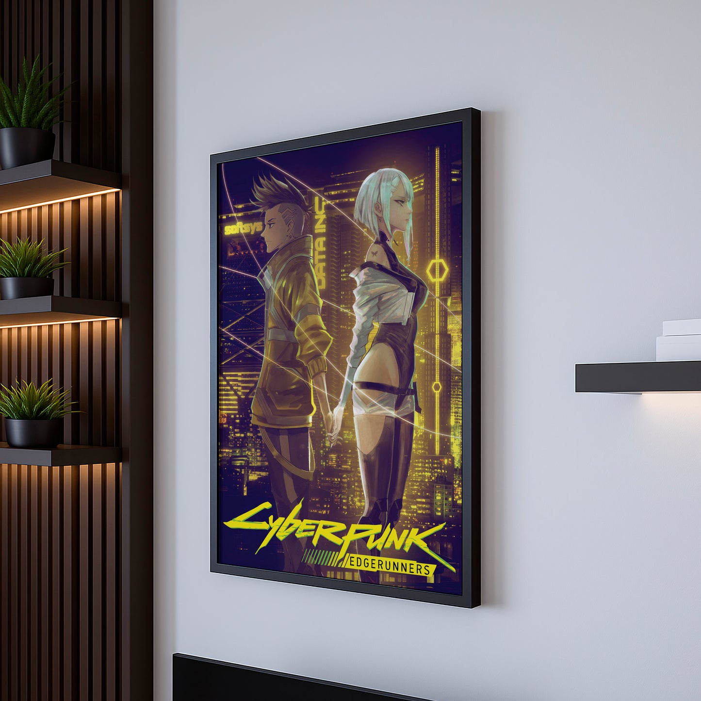 Cyberpunk Couple Poster, Futuristic City Night Wall Art, Neon Sci Fi Print