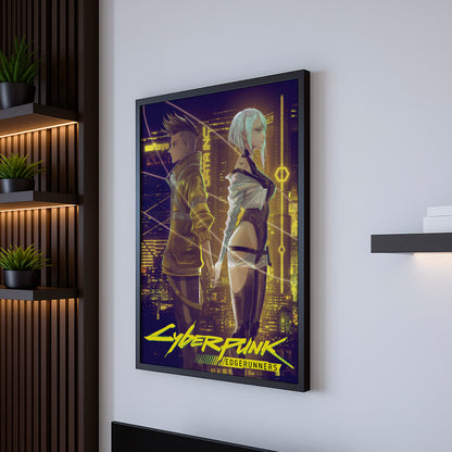 Cyberpunk Couple Poster, Futuristic City Night Wall Art, Neon Sci Fi Print
