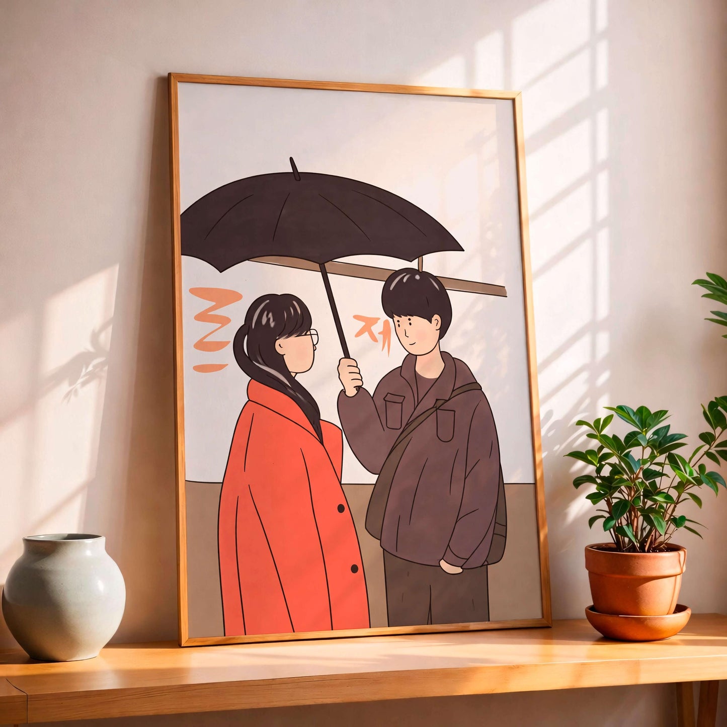 Romantic Couple Under Umbrella Art Print, Anime Style, Art Japannese