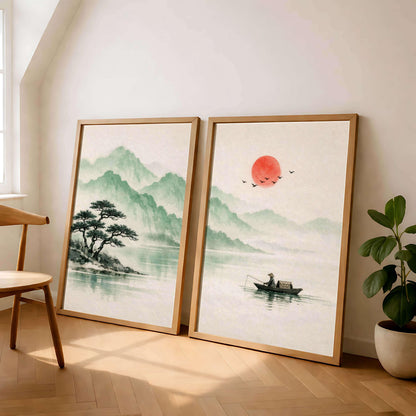 Japanese Zen Landscape Art Prints, Sumi Ink, Misty Mountains