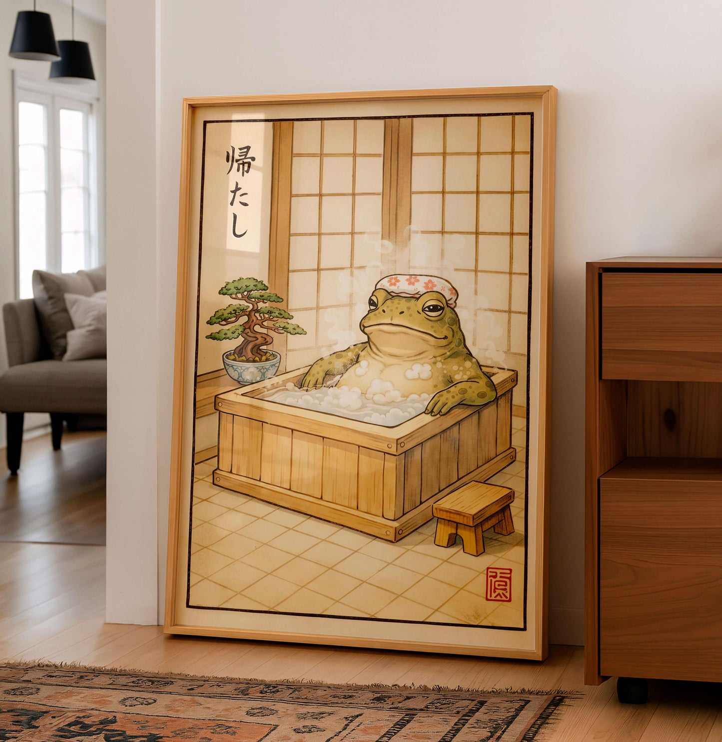 Japanese Frog, Zen Bathroom Decor, Onsen Frog Illustration