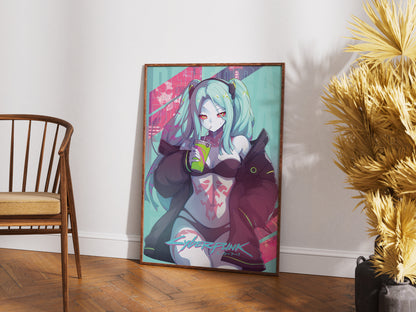 Cyberpunk Anime Girl Poster, Neon Aesthetic Wall Art, Futuristic Character Print