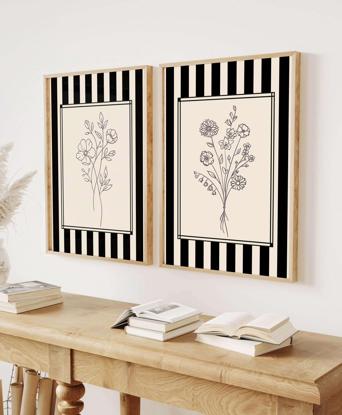 Floral Line Art Prints, Modern Gallery Wall Set 2, Black And White Floral Line Art