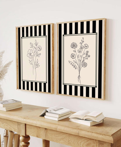 Floral Line Art Prints, Modern Gallery Wall Set 2, Black And White Floral Line Art