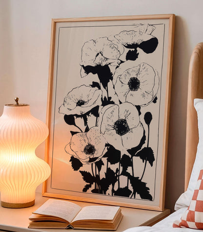 Minimalist Botanical Wall Art, Black Floral Line Art Print, Neutral Flower Poster