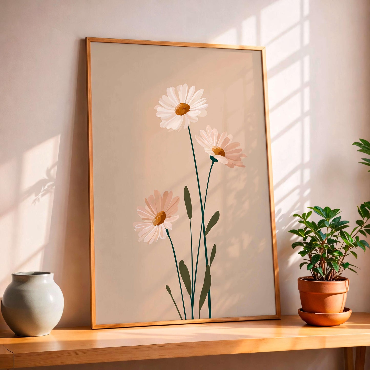 Minimal Botanical Flower Print, Soft Neutral Daisy Illustration, Calm Modern Decor For Light Interiors