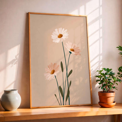 Minimal Botanical Flower Print, Soft Neutral Daisy Illustration, Calm Modern Decor For Light Interiors