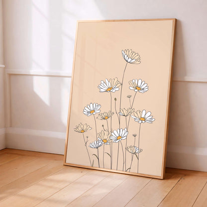 Minimal Daisy Line Illustration, Soft Neutral Floral Artwork,  Decor For Light Spaces