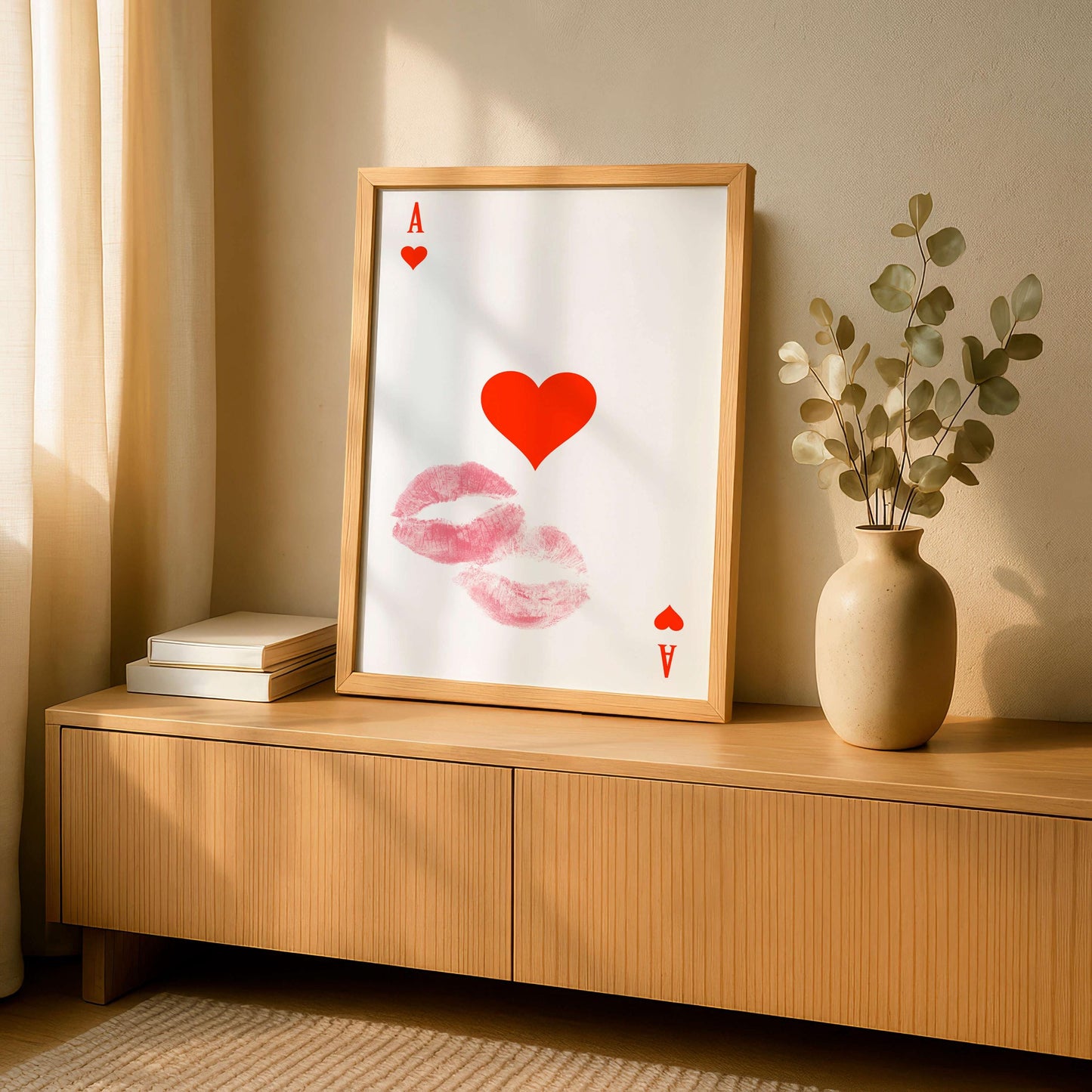 Ace Of Hearts Print Kiss, Romantic Lips Wall Art, Minimal Love Poster