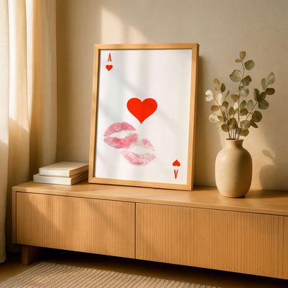 Ace Of Hearts Print Kiss, Romantic Lips Wall Art, Minimal Love Poster