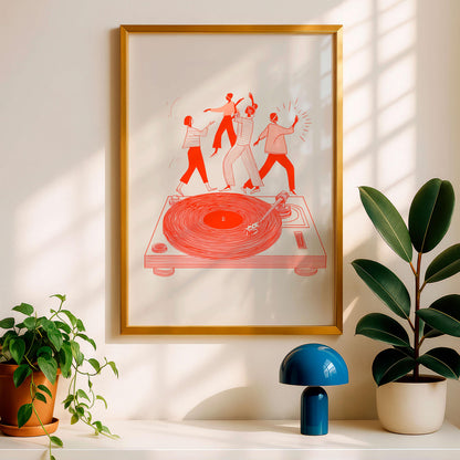 Modern Music Illustration Print, Dancing Figures On Turntable, Vinyl Culture Artwork