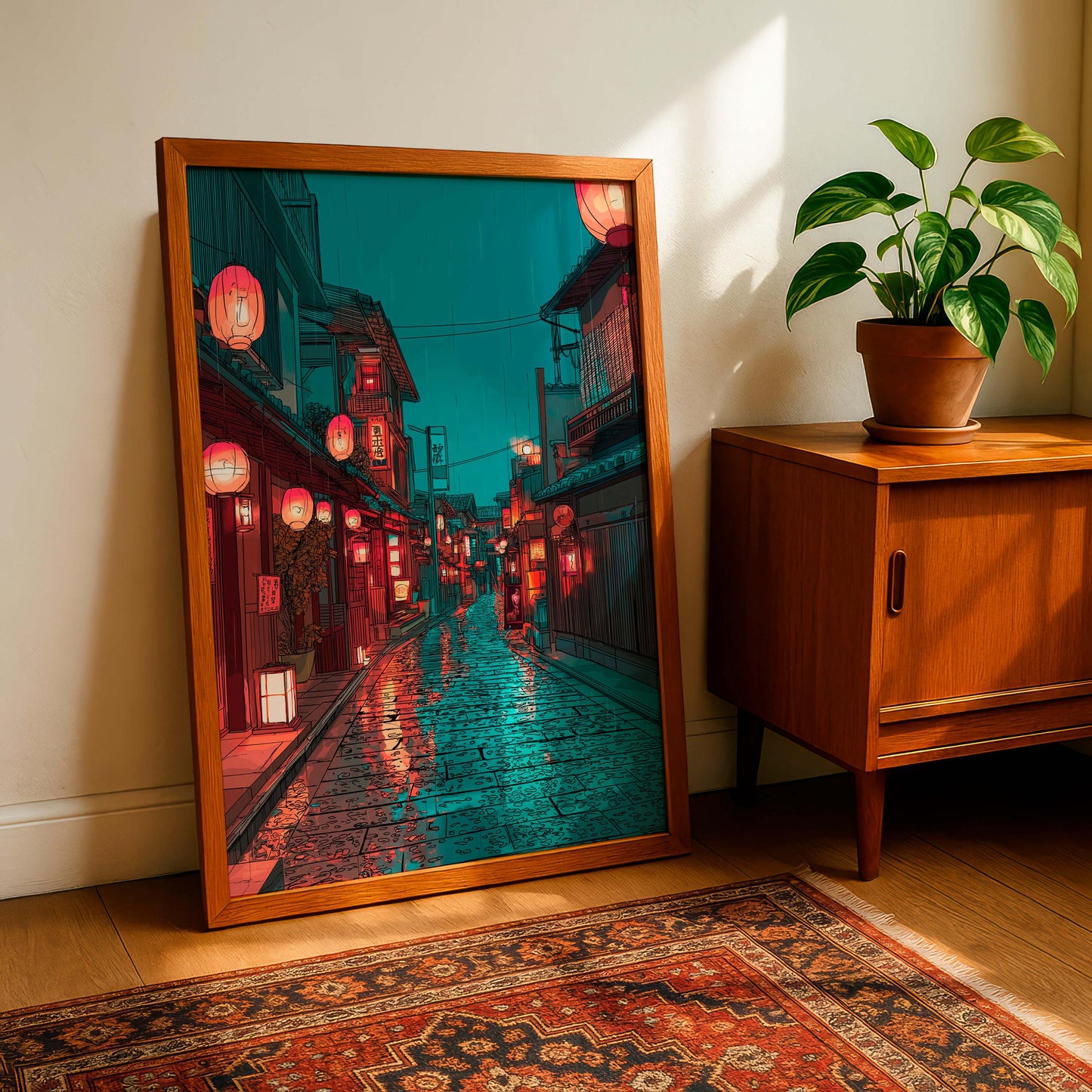 Japanese Night Street Poster, Rainy Tokyo Alley Wall Art