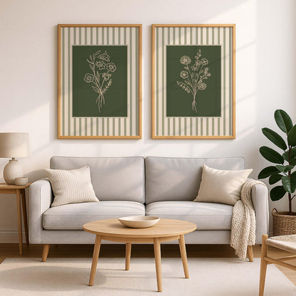 Sage Green Floral Line Art Prints, Botanical Gallery Wall Set