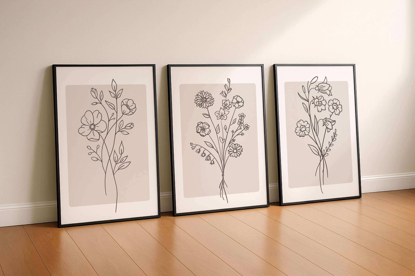 Minimalist Floral Line Art Print, Beige Boho Wall Art, Neutral Living Room Decor