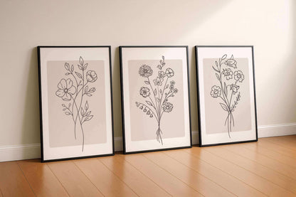 Minimalist Floral Line Art Print, Beige Boho Wall Art, Neutral Living Room Decor