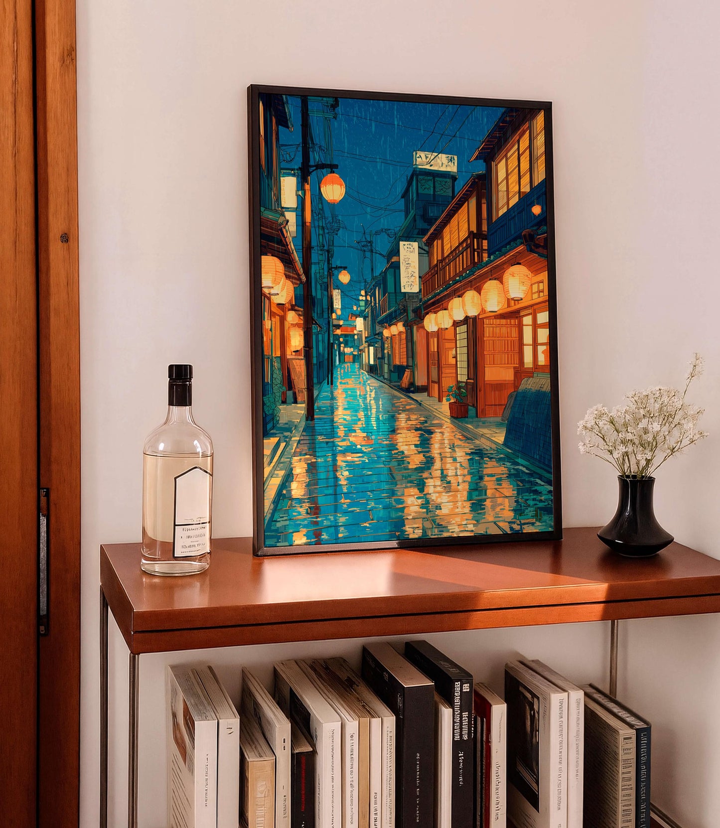 Rainy Kyoto Alley Print, Japanese Lantern Street Art