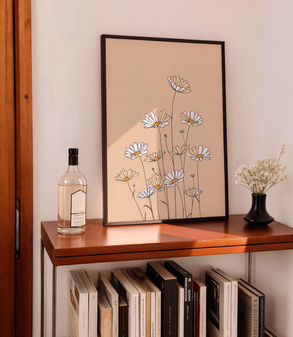 Minimal Daisy Line Illustration, Soft Neutral Floral Artwork,  Decor For Light Spaces