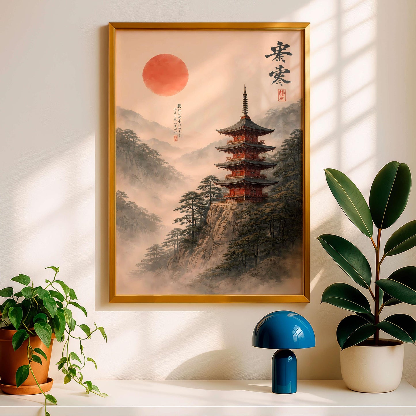 Japanese Pagoda Mountain Print, Zen Asian Landscape Art