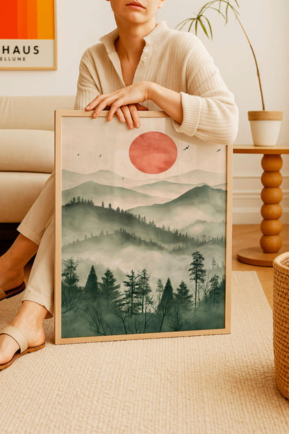 Japanese Zen Landscape Poster, Misty Mountain Illustration, Minimal Nature Artwork