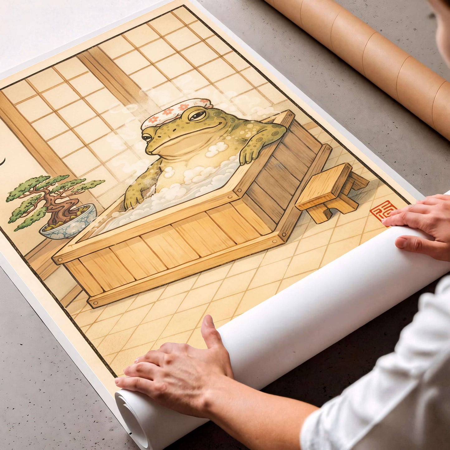 Japanese Frog, Zen Bathroom Decor, Onsen Frog Illustration