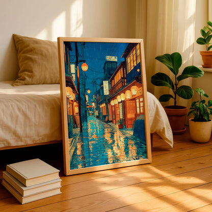 Rainy Kyoto Alley Print, Japanese Lantern Street Art