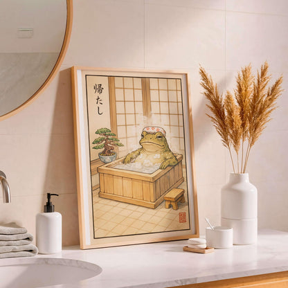 Japanese Frog, Zen Bathroom Decor, Onsen Frog Illustration