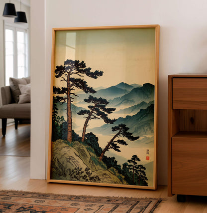 Ukiyo, E Japanese Landscape Poster, Mountain Pine Tree Art Print