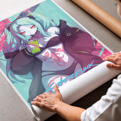 Cyberpunk Anime Girl Poster, Neon Aesthetic Wall Art, Futuristic Character Print