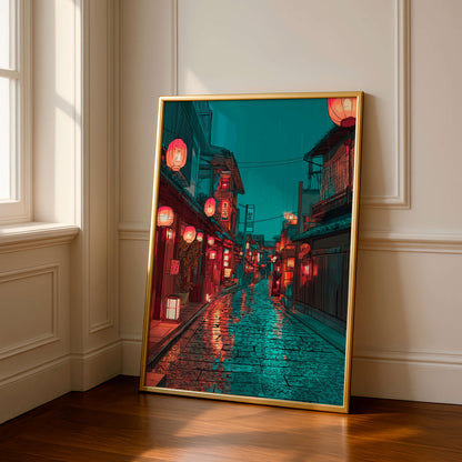 Japanese Night Street Poster, Rainy Tokyo Alley Wall Art