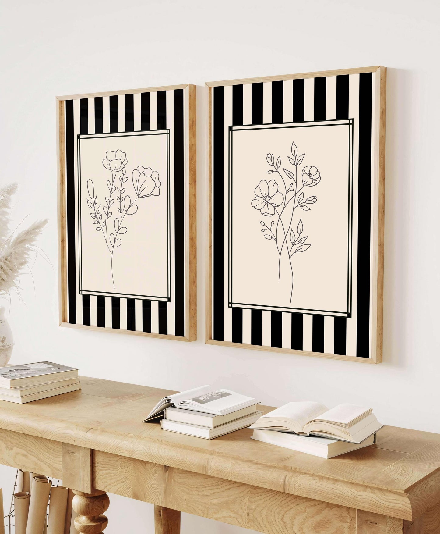 Black And White Floral Line Art, Set Of 2 S, Modern Minimalist Decor