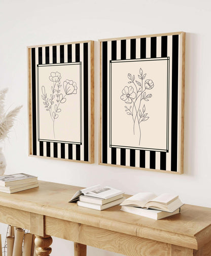 Black And White Floral Line Art, Set Of 2 S, Modern Minimalist Decor