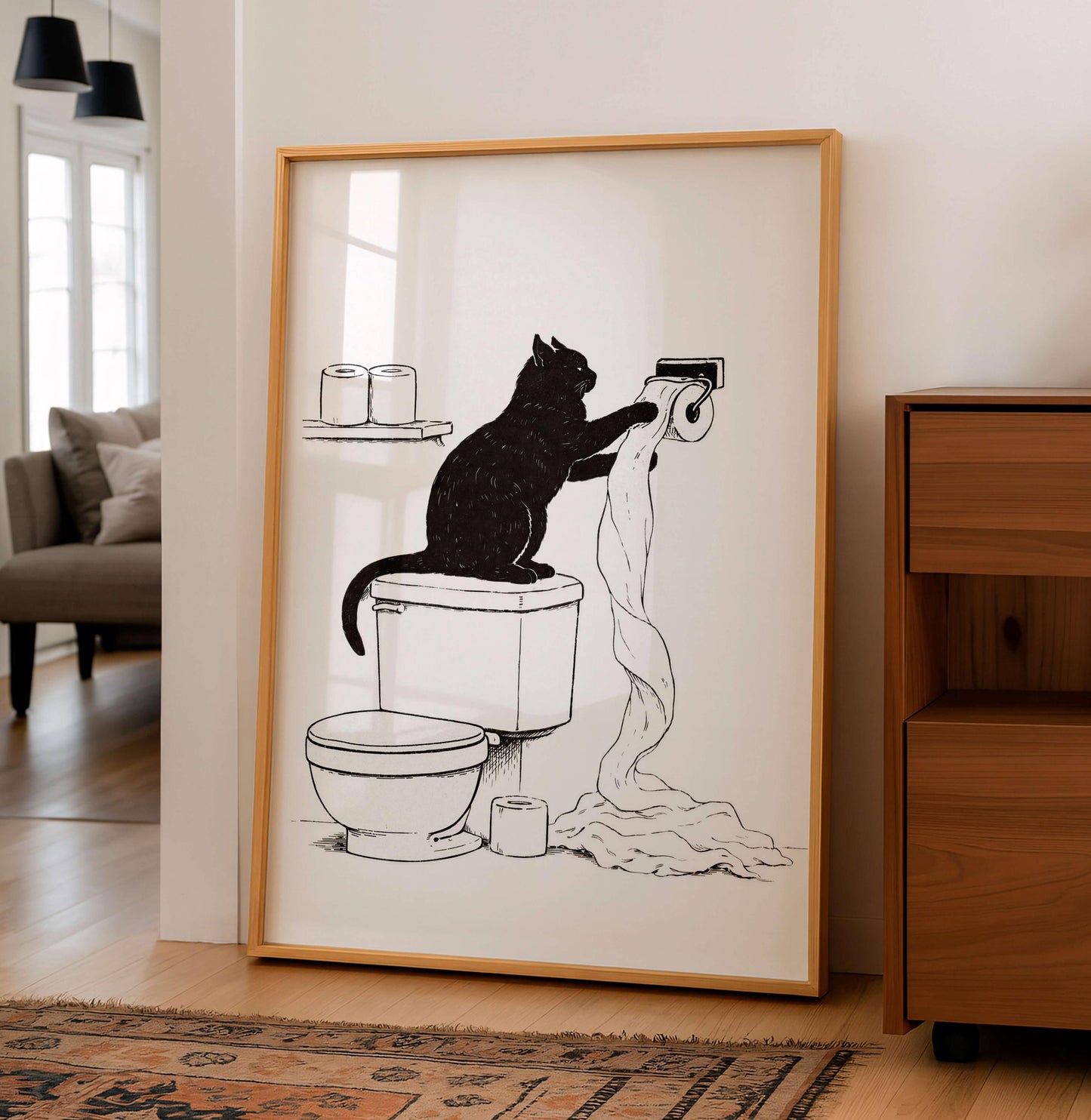 Funny Cat Bathroom Illustration Minimal Toilet Wall Art