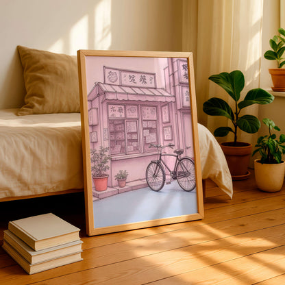 Tokyo Shop Bicycle Art Print, Japanese Street Illustration