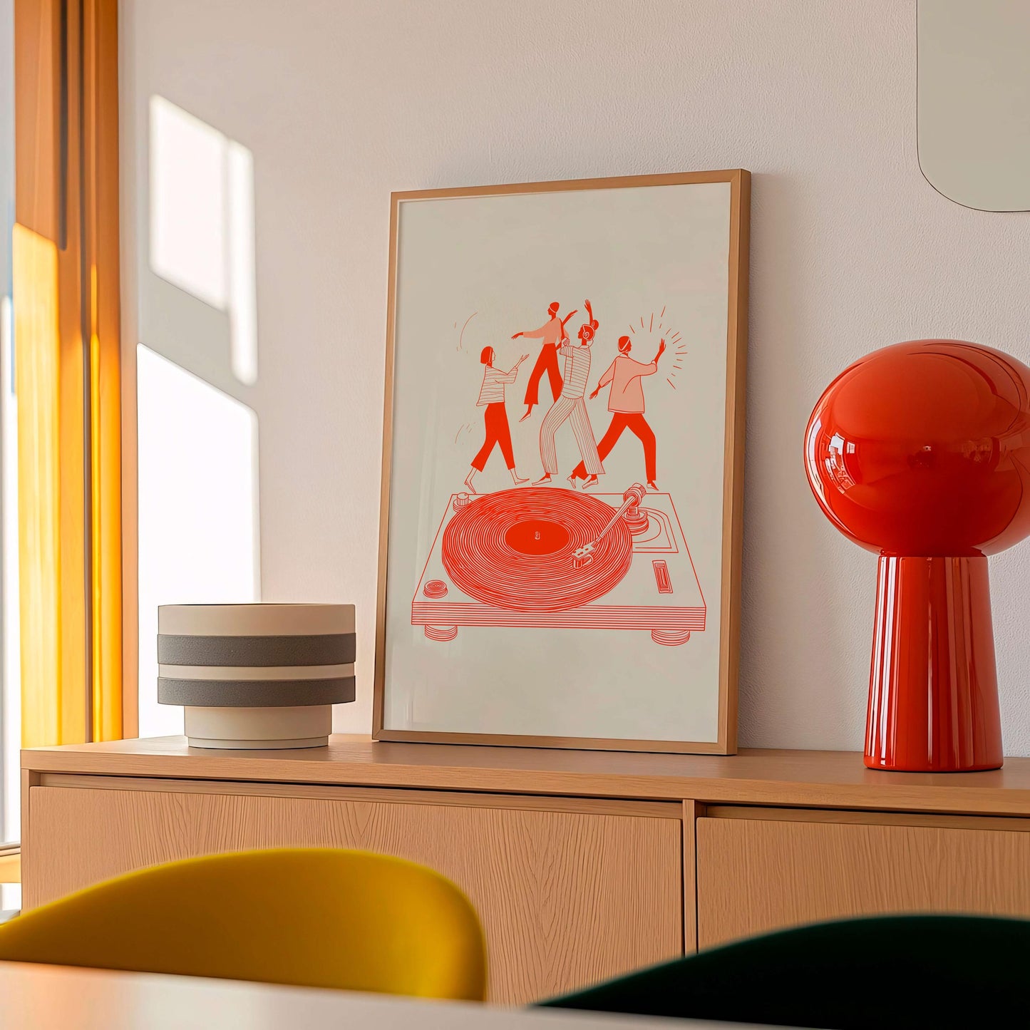 Modern Music Illustration Print, Dancing Figures On Turntable, Vinyl Culture Artwork