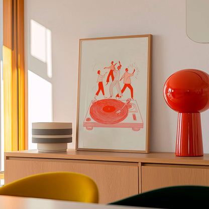 Modern Music Illustration Print, Dancing Figures On Turntable, Vinyl Culture Artwork