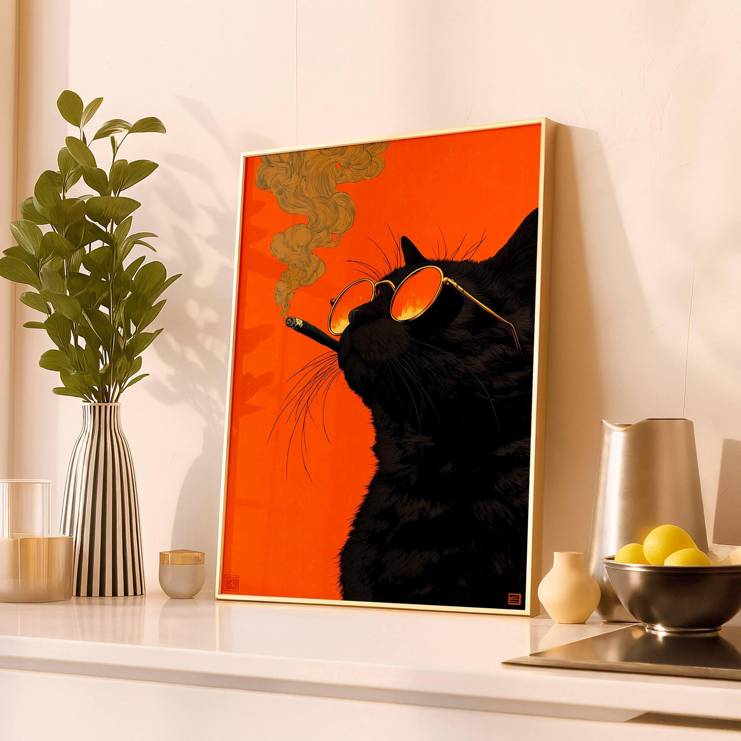 Black Cat Smoking a Cigarette Vintage Poster Art Retro Whimsical Print Funny Animal Wall Decor