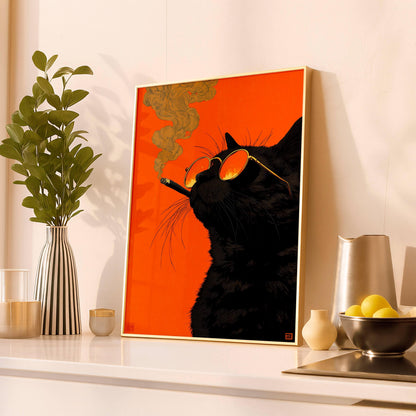 Black Cat Smoking a Cigarette Vintage Poster Art Retro Whimsical Print Funny Animal Wall Decor