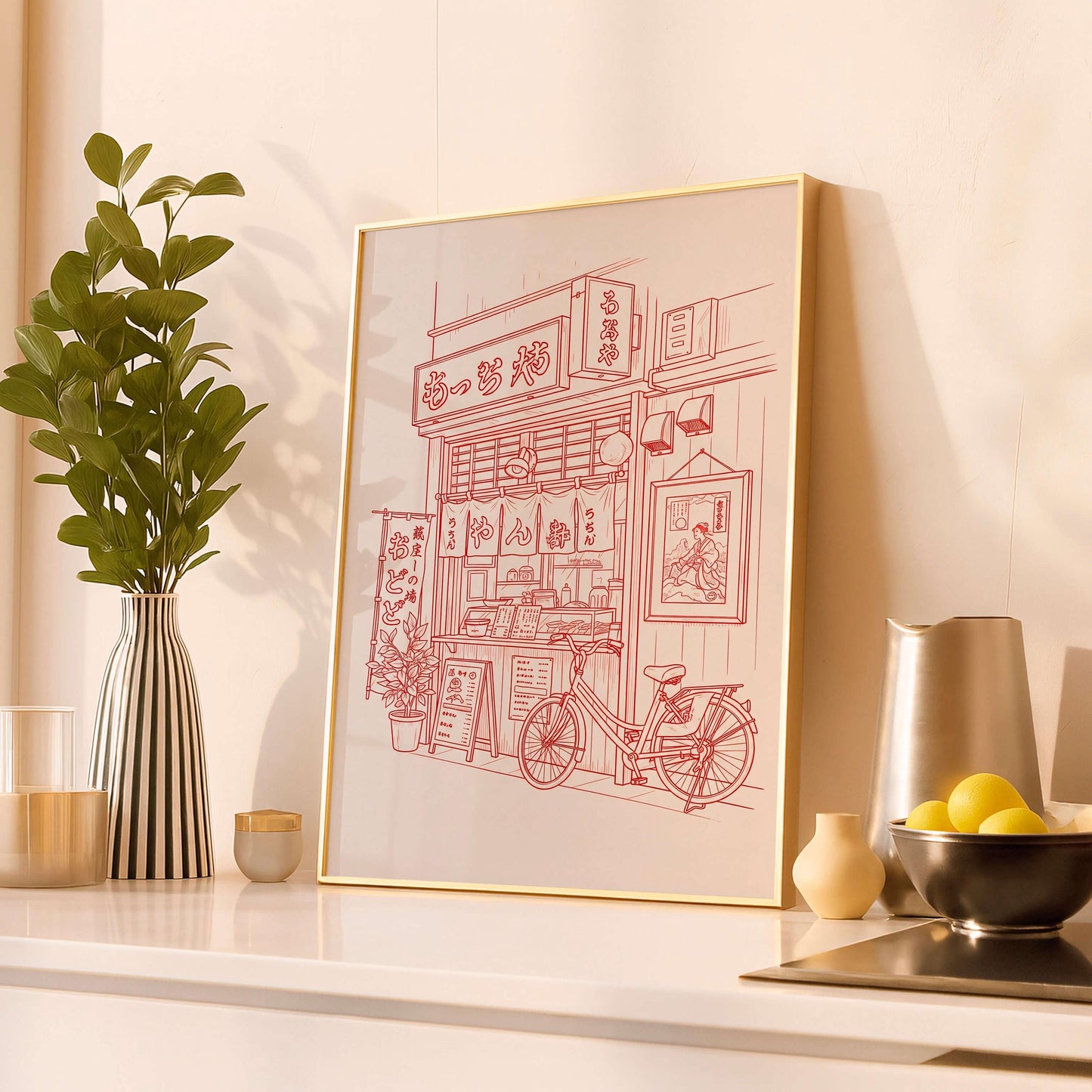 Vintage Ramen Shop Line Art Poster, Japanese Street Food Print