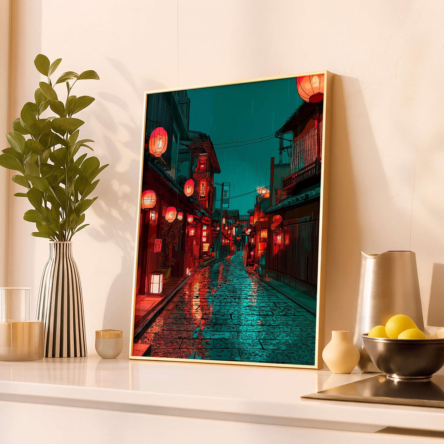 Japanese Night Street Poster, Rainy Tokyo Alley Wall Art