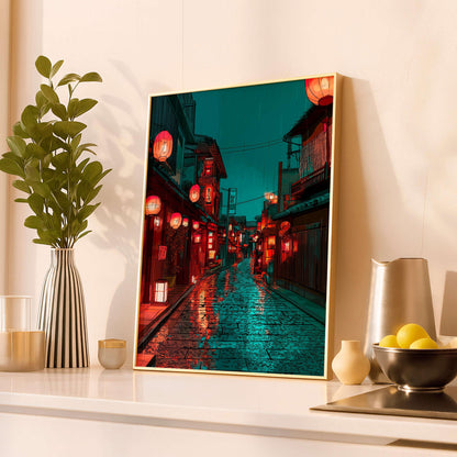 Japanese Night Street Poster, Rainy Tokyo Alley Wall Art