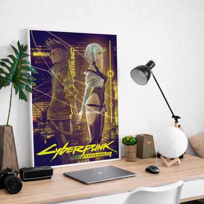 Cyberpunk Couple Poster, Futuristic City Night Wall Art, Neon Sci Fi Print
