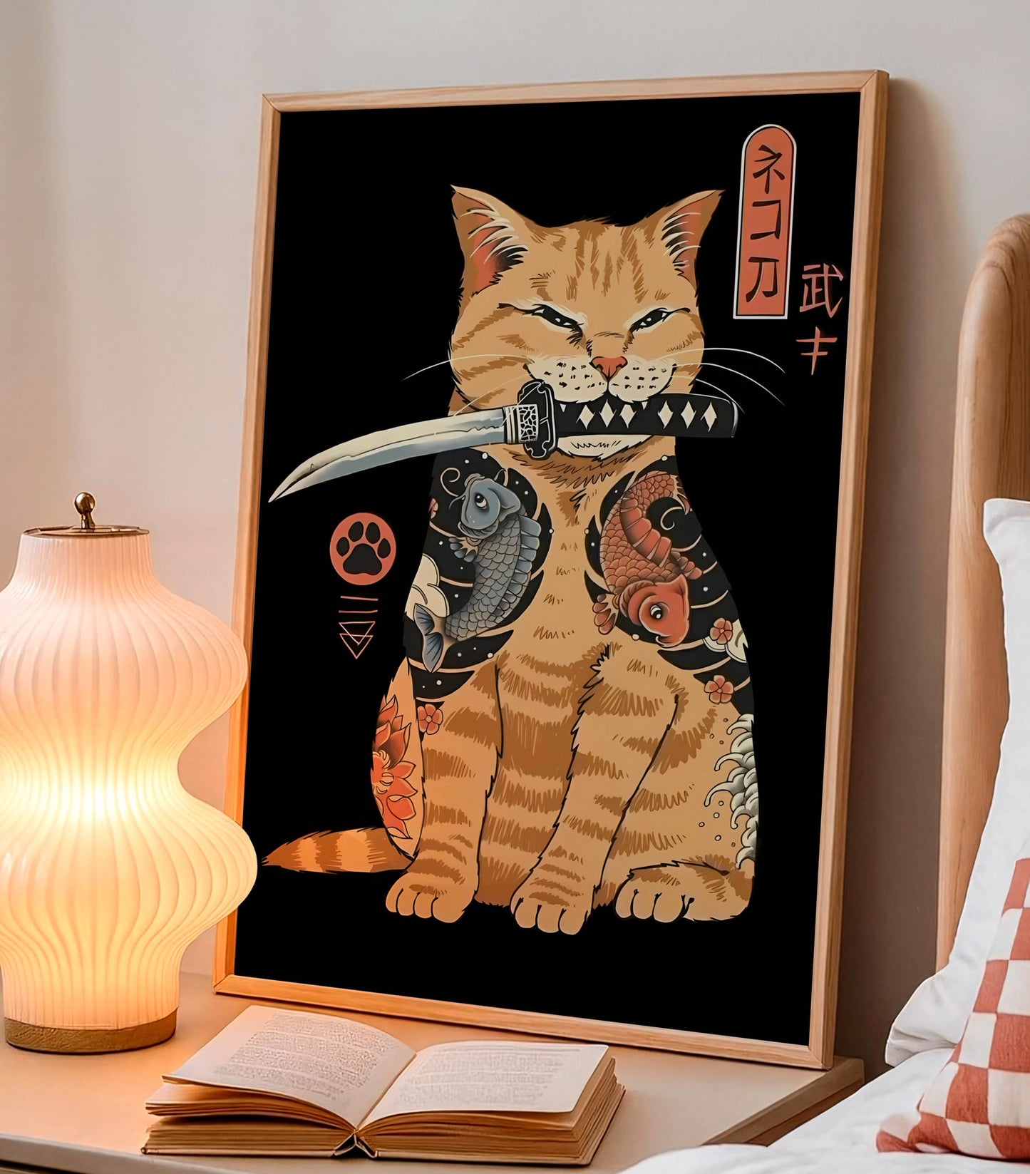 Samurai Cat Art Print, Japanese Tattoo Style, Ukiyo-e Warrior, Home Decor